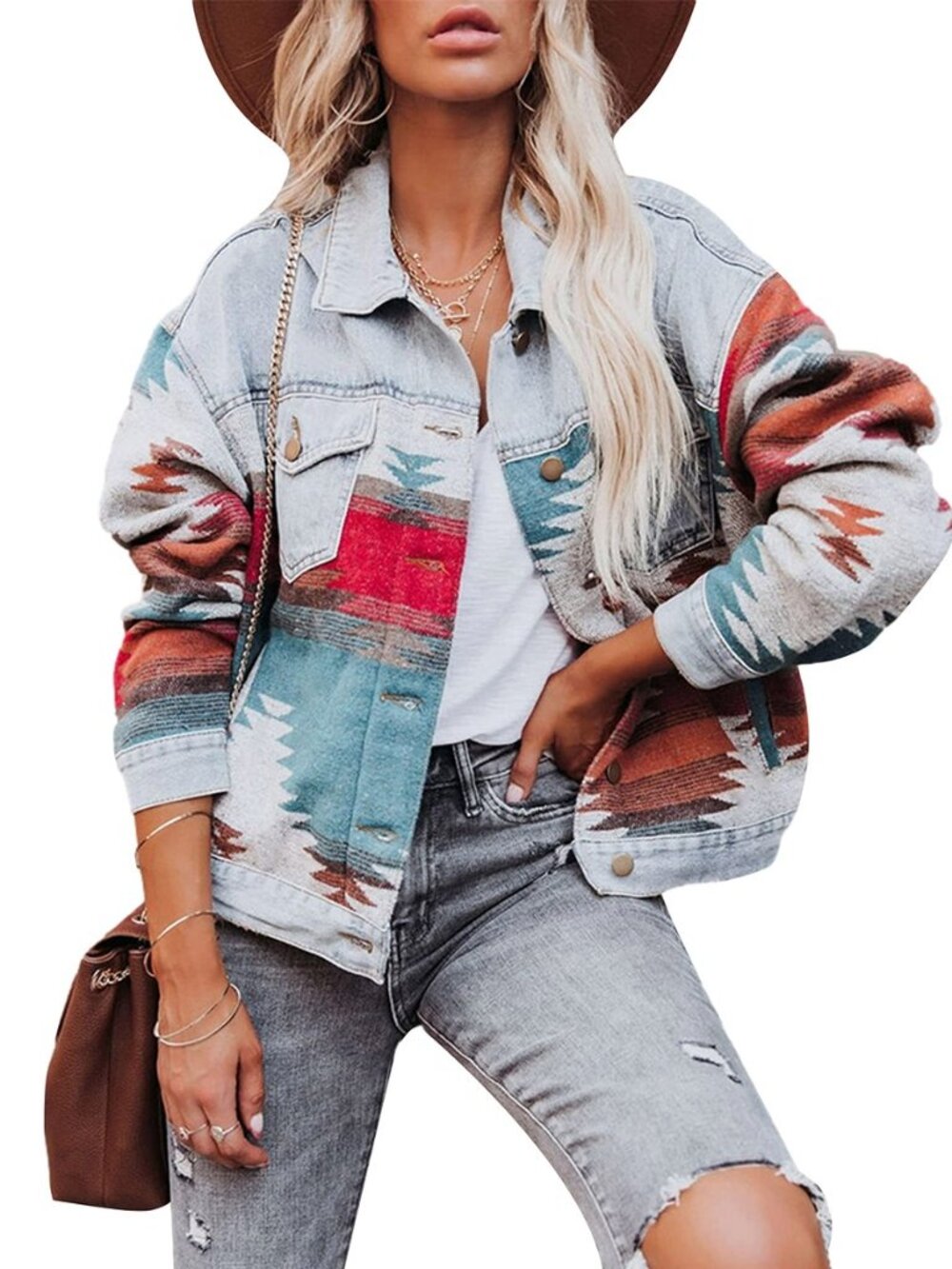 Aztec Denim Jacket Shacket for Women Button Down Vintage Distressed Blue Jean